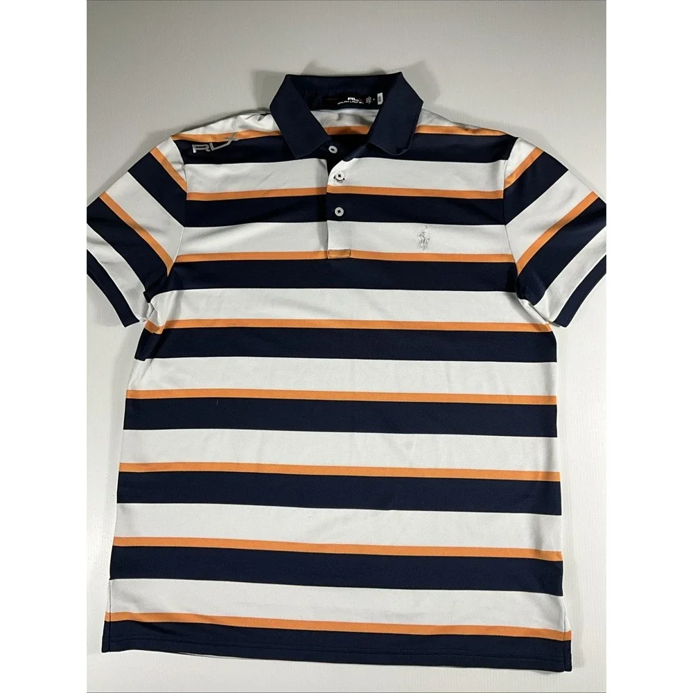 RLX Polo Ralph Lauren Golf Polo Shirt PGA Tour Pony Blue Striped Mens Med